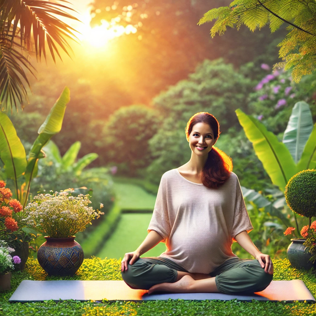 Pregnant woman practicing yoga in a peaceful studio setting. She is in a seated position with legs crossed, gently stretching her arms overhead. Her posture is relaxed, and she is smiling softly, wearing comfortable athletic wear.